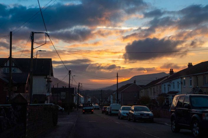 Looking down Brecon Road, Ystradgynlais at sunset