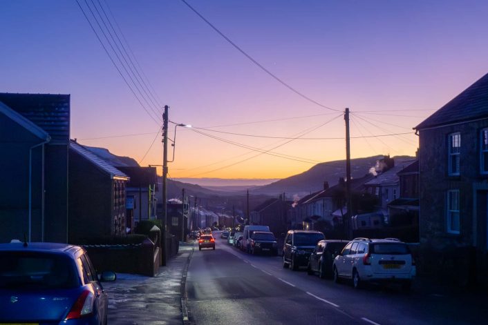 Winter sunset over Upper Swansea valley seen from Brecon Road, Ystradgynlais